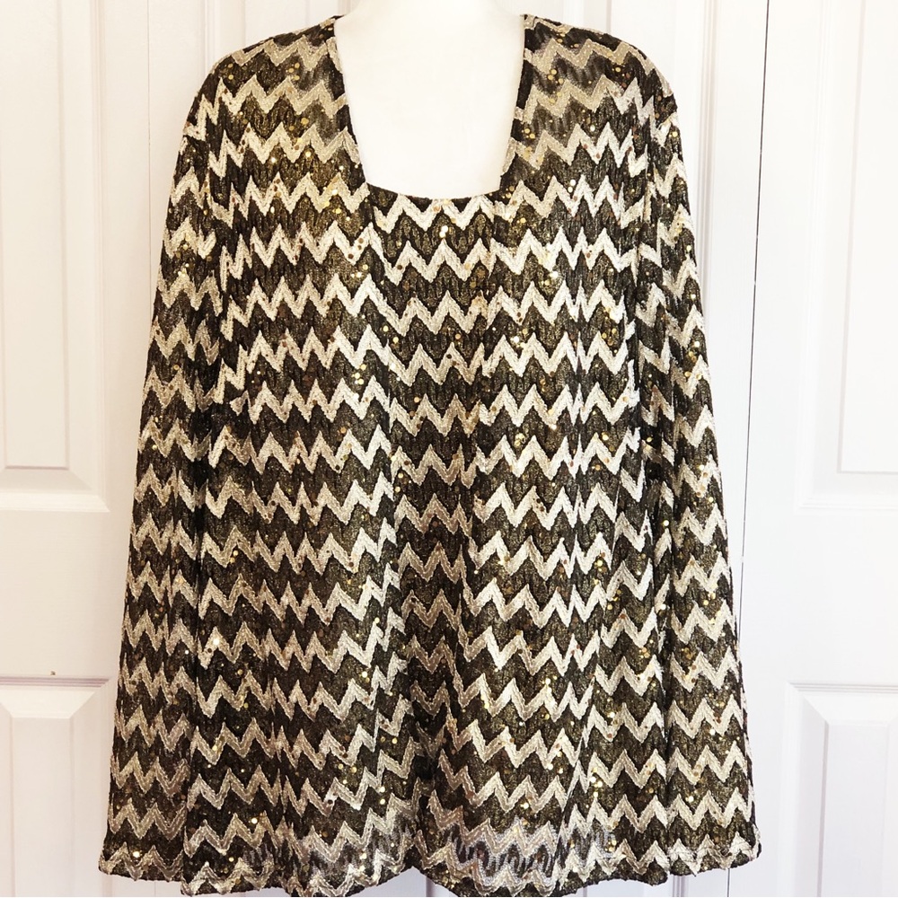 Catherines Black & Gold Metallic Sequin Print Layered Long Sleeve Top 4X